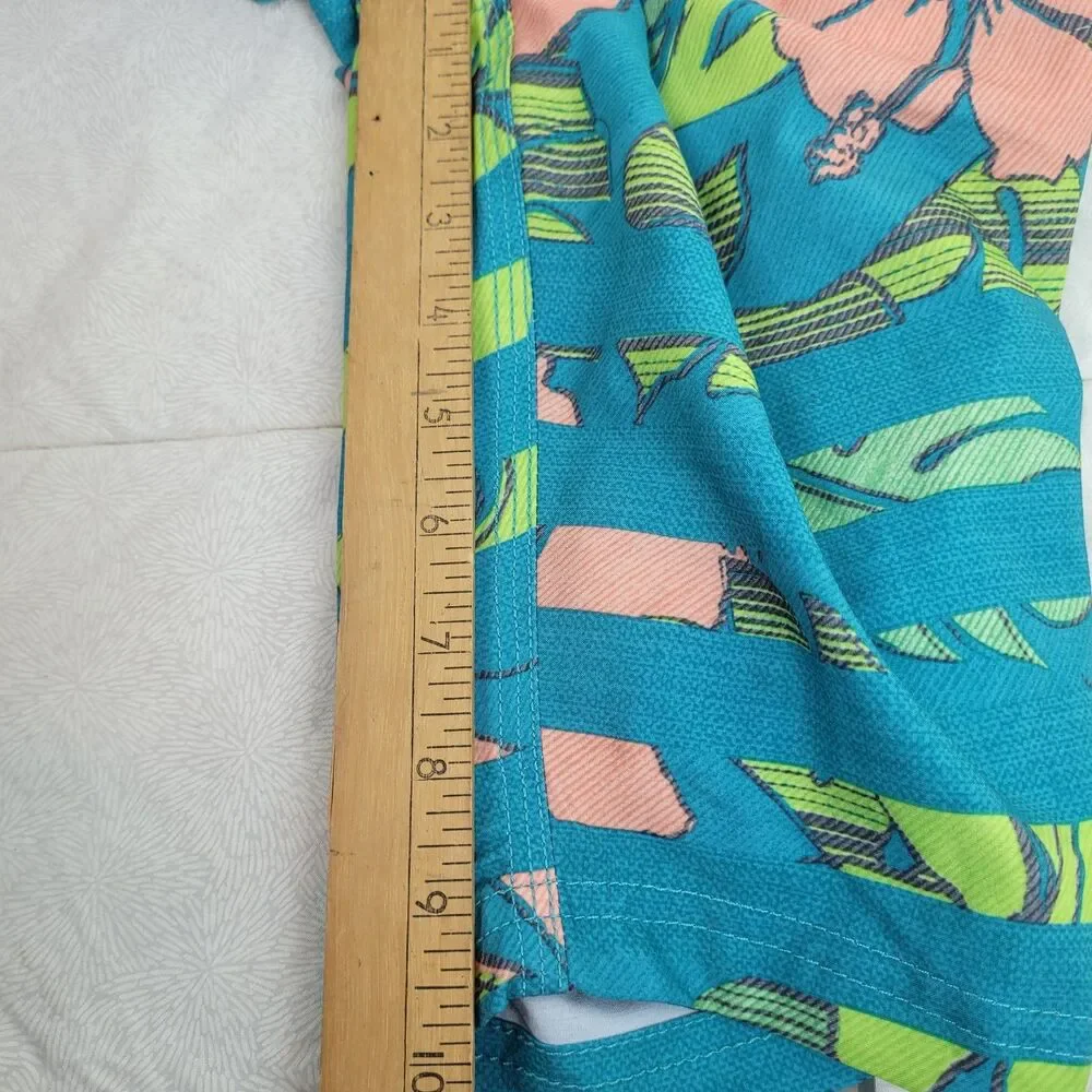 Maui and Sons aqua men's swim trunks pink green Hawaiian tropical print 36
